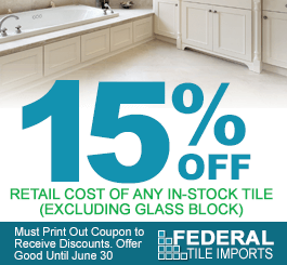 15% Off, Retail Cost of Any In-Stock Tile (Excluding Glass Block) Must Print Out Coupon to Receive Discounts. Offer Good Until June 30
